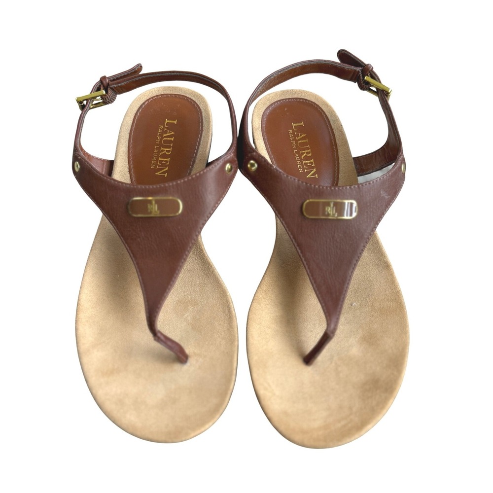 Lauren Ralph Lauren Kacy Brown Thong Slingback Sandals Gold RL Logo Womens 8.5B